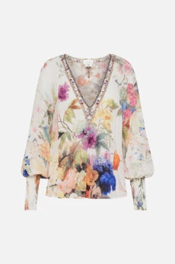 SHIRRED CUFF BLOUSE FRIENDS WITH FRESCOS -Vivid Couture CAMILLA 00023745 SHIRRED CUFF BLOUSE FRIENDS WITH FRESCOS GHOST
