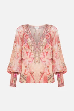 SHIRRED CUFF BLOUSE ADORE ME -Vivid Couture CAMILLA 00024849 SHIRRED CUFF BLOUSE ADORE ME GHOST 1