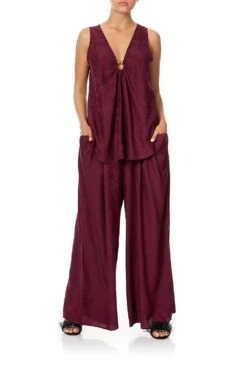 WIDE LEG PANT WITH GATHERED POCKETS BURGUNDY -Vivid Couture camilla wide strap u ring top burgundy 1 e6cc1d74 c107 434a b15b d28b3b77c9d8
